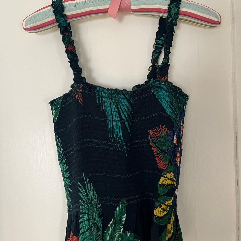 Tropical Blue smocked top with Green Palm Print